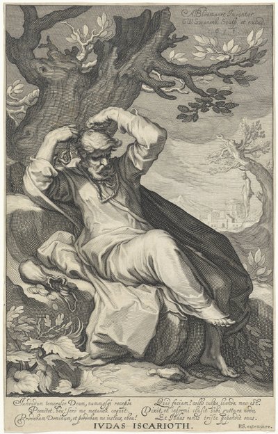 Judasz Iskariota się wiesza Judasz Iskariota (tytuł na obiekcie) Grzesznicy ze Starego i Nowego Testamentu (tytuł serii) autorstwa Willem Isaacsz. van Swanenburg