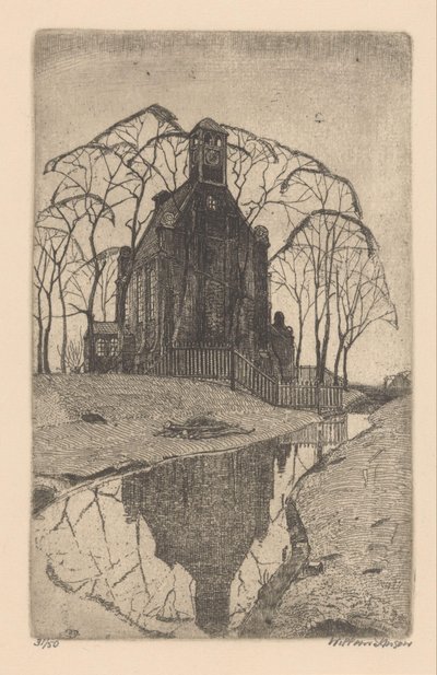 wiejski kościół autorstwa Willem Jansen (graveur) (signed by artist)