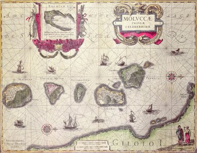 Mapa Wyspy Moluków, wyryta przez Jodocus Hondius, 1630 (rycina kolorowa) autorstwa Willem Janszoon Blaeu