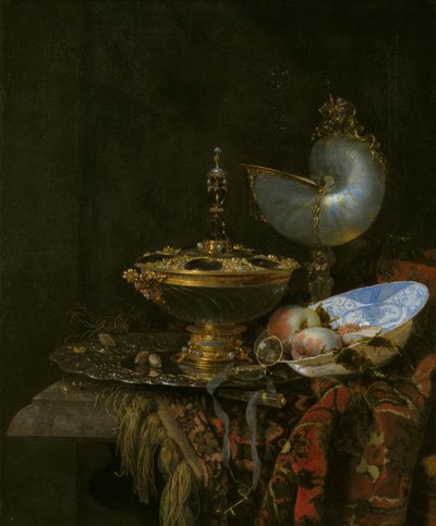Wspaniała martwa natura z miską Holbeina, Nautilusem oraz szklaną filiżanką i miską na owoce autorstwa Willem Kalf