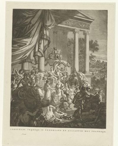 Alegoryczne przedstawienie sojuszu między Holandią i Francją, 1795 Przywrócona wolność w Holandii i sojusz z Francją (tytuł na obiekcie) autorstwa Willem Kok