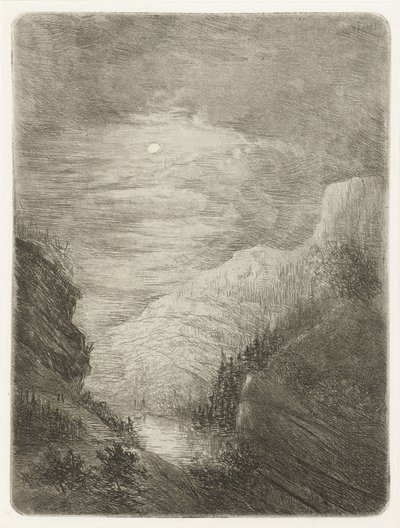 Górski krajobraz z rzeką w świetle księżyca autorstwa Willem Matthias Jan van Dielen
