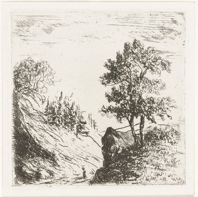 Pagórkowaty krajobraz z dwoma drzewami na skale autorstwa Willem Matthias Jan van Dielen
