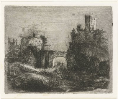 Południowy krajobraz z bramą i wieżą na skale autorstwa Willem Matthias Jan van Dielen