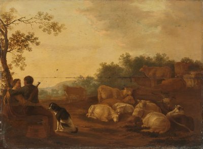 Krajobraz z pasterzem, pasterzem i bydłem autorstwa Willem Ossenbeeck