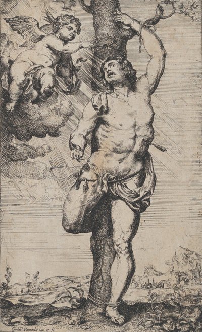 Męczeństwo św. Sebastiana, z koronacją aniołów w lewym górnym rogu, ca. 1620-32.. autorstwa Willem Panneels