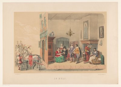 Druga grupa maskarady w Utrechcie w 1856 r. W domu (tytuł na obiekcie) Nasza ojczyzna około połowy XVII wieku, zaproponowana przez H.H. studenci, członkowie Mutua Fides, z okazji 220-lecia Utrechtsche Hoogeschool, 25 czerwca autorstwa Willem Pieter Hoevenaar