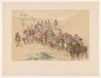 Czwarta grupa maskarady w Utrechcie w 1856 r. Kolonie (tytuł na obiekcie) Nasza ojczyzna około połowy XVII wieku, zaproponowana przez H.H. studenci, członkowie Mutua Fides, z okazji 220-lecia Utrechtsche Hoogeschool, 25 czerwca autorstwa Willem Pieter Hoevenaar