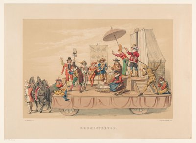 Szósta grupa maskarady w Utrechcie w 1856 r. Wesołych Świąt (tytuł na obiekcie) Nasza ojczyzna około połowy XVII wieku, zaproponowana przez H.H. studenci, członkowie Mutua Fides, z okazji 220-lecia Utrechtsche Hoogeschool, 25-lecia. autorstwa Willem Pieter Hoevenaar