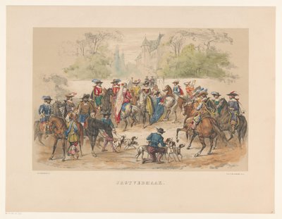 Siódma grupa maskarady w Utrechcie w 1856 r. Rozrywka myśliwska (tytuł na obiekcie) Nasza ojczyzna około połowy XVII wieku, zaproponowana przez H.H. studenci, członkowie Mutua Fides, z okazji 220-lecia Utrechtsche Hoogeschool, 25-lecia. autorstwa Willem Pieter Hoevenaar