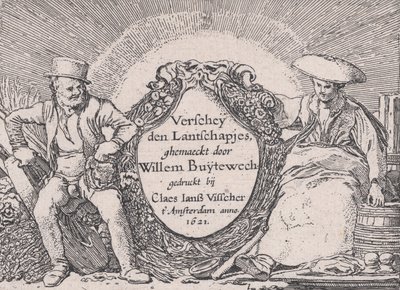 Strona tytułowa, z Verscheyden Landtschapjes Różne małe pejzaże, tabl. 1, ca. 1616, autorstwa Willem Pietersz. Buytewech