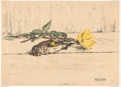 Martwy szczygieł leżący obok róży autorstwa Willem Roelofs (II) (signed by artist)