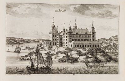 Zamek Läckö od strony jeziora Vänern. Z „Suecia antiqua et hodierna” autorstwa Willem Swidde