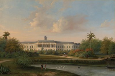 Widok z tyłu Pałacu Buitenzorg przed trzęsieniem ziemi z 10 października 1834 r autorstwa Willem Troost (II)