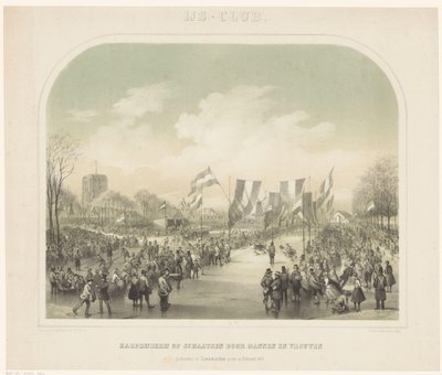 zawody łyżwiarskie Lodowisko / Łyżwiarstwo szybkie kobiet i mężczyzn odbyło się w Leeuwarden 22 lutego 1855 (tytuł na obiekcie) autorstwa Willem Troost (II)