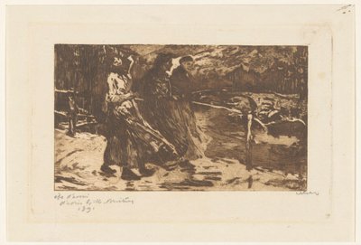Trzy kobiety na moście w deszczu i wietrze autorstwa Willem Witsen (signed by artist)