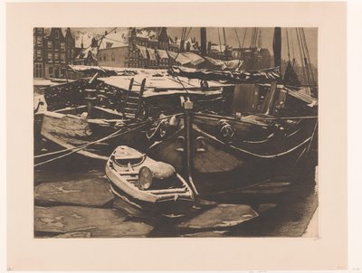 Widok na zacumowane statki w Oudeschans w Amsterdamie Statki torfowe w Oude Schans (tytuł oryginalny) autorstwa Willem Witsen (signed by artist)