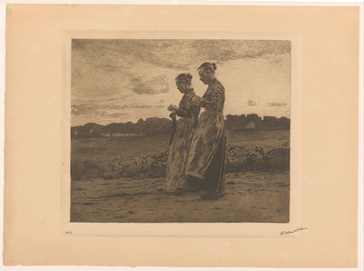 Dwie stojące dziewiarki w krajobrazie w Ede autorstwa Willem Witsen (signed by artist)