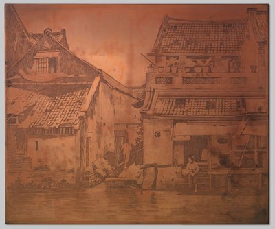 Batavia. Domy na kali, praczka na schodach domu po prawej autorstwa Willem Arnoldus Witsen