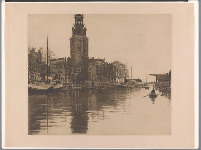 Widok na Montelbaanstoren w Amsterdamie Old Schans z Montelbaanstoren i łodzią wiosłową (tytuł oryginalny) autorstwa Willem Arnoldus Witsen