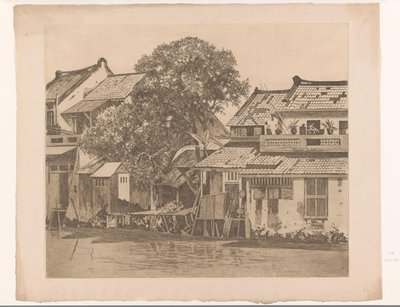 Widok domów na rzece w Batavia Domy na kali. Drzewa między domami, Batavia (tytuł oryginalny) autorstwa Willem Arnoldus Witsen