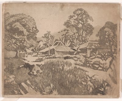 Domy w kampongu z wulkanami Salak i Gedeh w tle, Buitenzorg autorstwa Willem Arnoldus Witsen