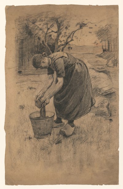 Kobieta płucze pranie w wiadrze przed farmą autorstwa Willem Arnoldus Witsen