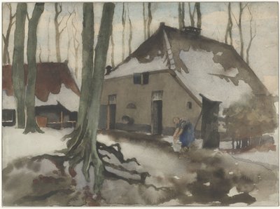 Kobieta przed domem w zaśnieżonym lesie autorstwa Willem Arnoldus Witsen