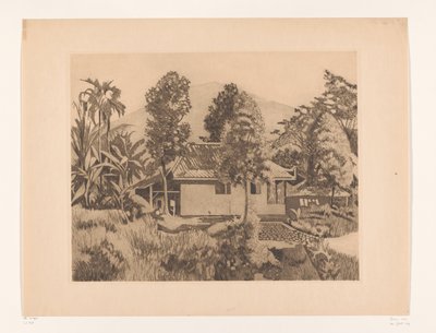 Dom w Bogor z górą w tle Dom z wulkanem Salak(?) w tle, Buitenzorg (tytuł oryginalny) autorstwa Willem Arnoldus Witsen