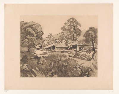 Domy w Bogor przed wulkanami Salak i Gede Domy w kampongu z wulkanami Salak i Gedeh w tle, Buitenzorg (tytuł oryginalny) autorstwa Willem Arnoldus Witsen