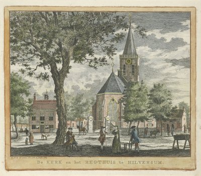 Kościół i gmach sądu w Hilversum w 1762 r. (przed pożarem w 1766 r.) Kościół i Regthuis in Hilversum (tytuł na obiekcie) autorstwa Willem Writs