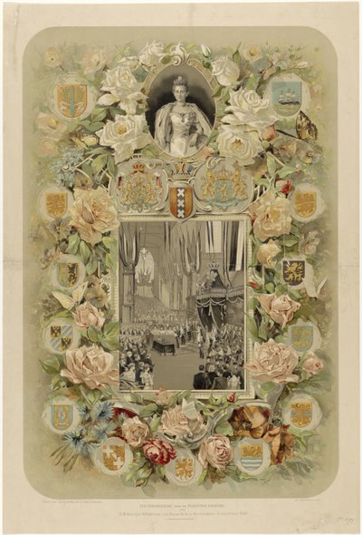 Pamięci Uroczystej Koronacji J.M. Królowej Wilhelminy na Nieuwe Kerk w Amsterdamie - 6 września 1898 (tytuł na obiekcie) autorstwa Willem Zwart