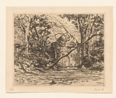 Ruiny w lesie Ruina z wyrwanym drzewem (Lage Vuursche) (tytuł oryginalny) autorstwa Willem de Zwart