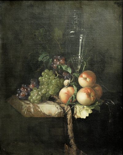 Winogrona, brzoskwinie i duże szkło autorstwa Willem van Aelst