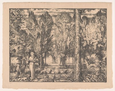 Kobieta i baran w otoczonym murem ogrodzie Park (tytuł oryginalny) autorstwa Willem van Konijnenburg (signed by artist)