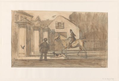 Ogrodzenie na Scheveningse Weg w Hadze; mijanie jeźdźca z psem autorstwa Willem van Konijnenburg