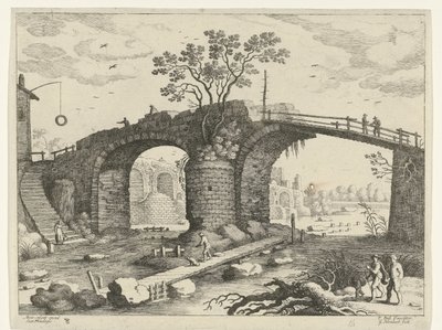 Most nad rzeką Włoskie pejzaże (tytuł serii) autorstwa Willem van Nieulandt (II)