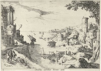 Krajobraz z podróżnikami Emaus Christ castellum Emaus petit (tytuł na obiekcie) Włoskie pejzaże ze scenami biblijnymi (tytuł serii) autorstwa Willem van Nieulandt (II)