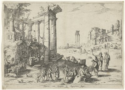 Krajobraz z ucieczką do Egiptu Maria cum Iosepho w Aegyptum fugit (tytuł na obiekcie) Włoskie pejzaże ze scenami biblijnymi (tytuł serii) autorstwa Willem van Nieulandt (II)