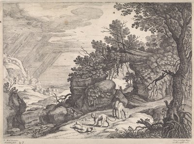 Krajobraz z martwym człowiekiem Bożym, lwem i osłem Włoskie pejzaże (tytuł serii) autorstwa Willem van Nieulandt (II)