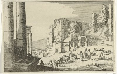Bydło wśród rzymskich ruin Rzymskie ruiny i nadmorskie krajobrazy (seria 1) (tytuł serii) autorstwa Willem van Nieulandt (II)