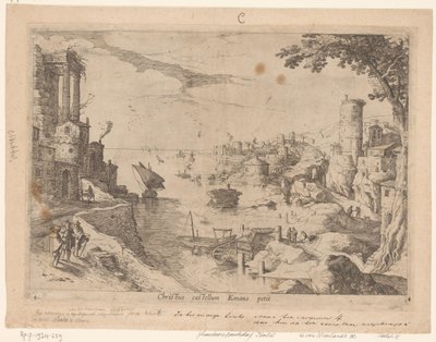 Krajobraz z podróżnikami Emaus Christ castellum Emaus petit (tytuł na obiekcie) Włoskie pejzaże ze scenami biblijnymi (tytuł serii) autorstwa Willem van Nieulandt
