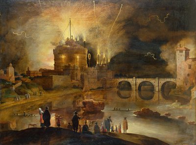 Castel Sant Angelo, Rzym, z mieszczanami oglądającymi pokaz sztucznych ogni w nocy (olej na panelu) autorstwa Willem van Nieulandt