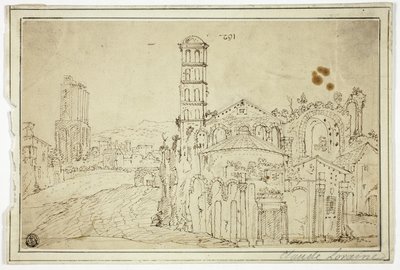 Widok w Rzymie: Torre della Melisa, ruiny wczesnochrześcijańskiego kościoła autorstwa Willem van Nieuwlandt II