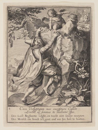 Młody mężczyzna wspinający się po zboczu wzgórza z pomocą Kupidyna, z Alegorii niewłaściwego wykorzystania dóbr doczesnych autorstwa Willem van Swanenburgh