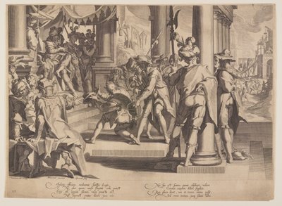 Alegoria sprawiedliwości, świętość prawa, płyta 12 z Tronów Sprawiedliwości (Thronus Iustitiae) autorstwa Willem van Swanenburgh