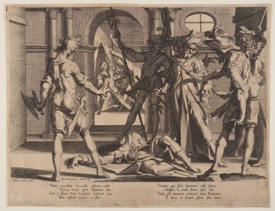 Ścięcie głowy rzymskiego sędziego Papiniana, płyta 5 z Tronów Sprawiedliwości (Thronus Iustitiae) autorstwa Willem van Swanenburgh