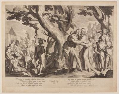 Spotkanie Mojżesza i Jetro, płyta 1 z Tronów Sprawiedliwości (Thronus Iustitiae) autorstwa Willem van Swanenburgh