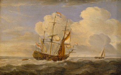 Holenderski okręt flagowy przed wiatrem, koniec XVII - początek XVIII wieku (olej na panelu) autorstwa Willem van de II (follower of) Velde