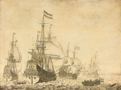 Pejzaż morski z holenderskimi wojownikami, w tym Drenthe i księciem Fryderykiem-Henrym autorstwa Willem van de Velde (I)